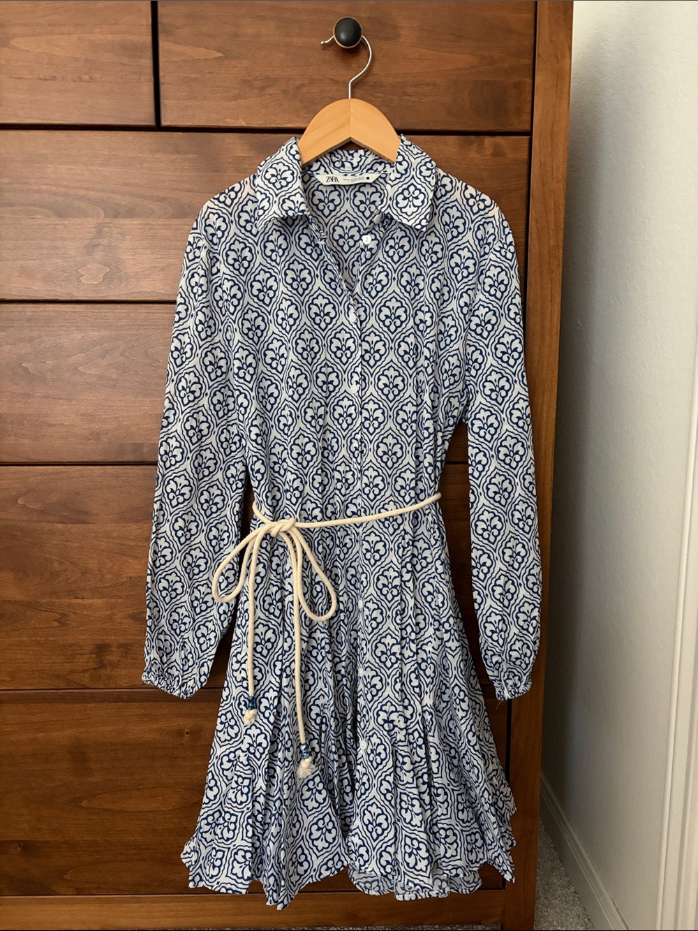 Zara Blue and White Printed Long Sleeve Tie-Waist Shirt Dress